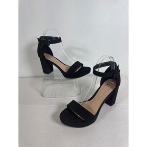 Heart in D Women Heel Black Suede Platform Ankle Strap Block Sandals Size 7.5